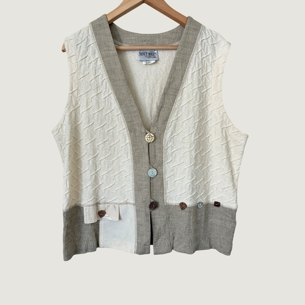 Nancy Bolen City Girl Vintage Quilted Patchwork Button Front Vest Neutral Large